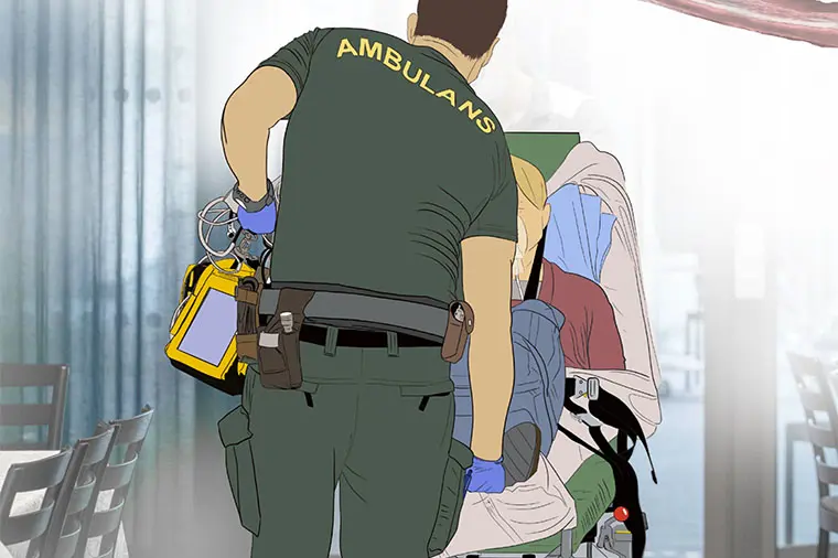 Illustration &ouml;ver ambulanssjukv&aring;rdare och patient med sepsis p&aring; b&aring;r.