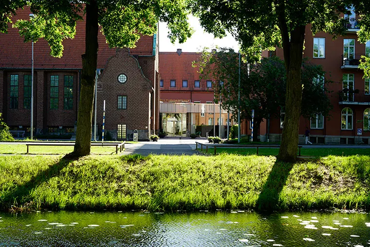 Byggnader och grönt gräs.