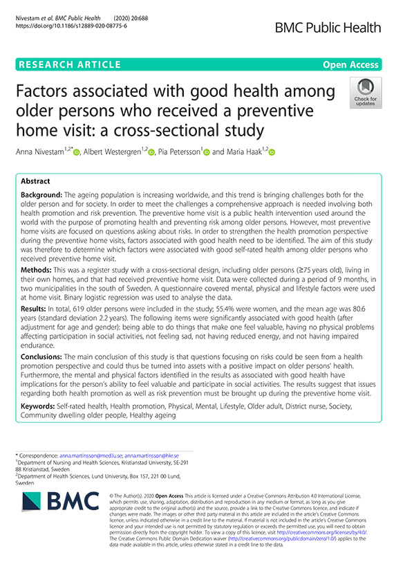 Factors associated with good health among older persons who received a preventive home visit: a cross-sectional study.