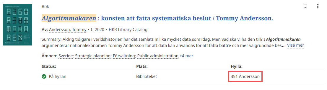 Skärmbild bok i Supersök, texten 351 Andersson är markerad.