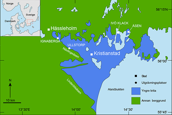Geologisk karta över Kristianstadsbassängen med utgrävningsplatserna Ignaberga, Ullstorp, Ivö Klack och Åsen.