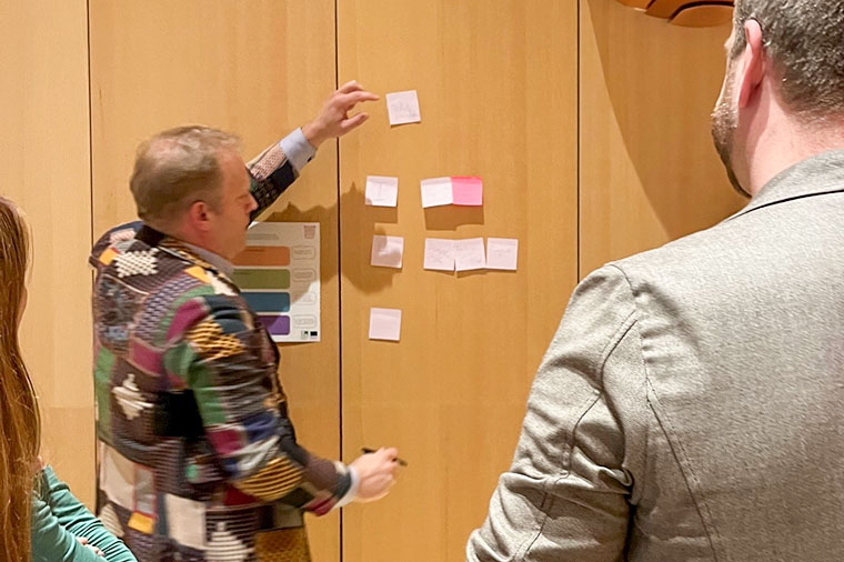 Konferensdeltagare sätter upp Post-it-lappar.