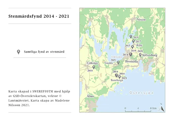 Karta &ouml;ver stenm&aring;rdsfynd i nord&ouml;stra Sk&aring;ne.