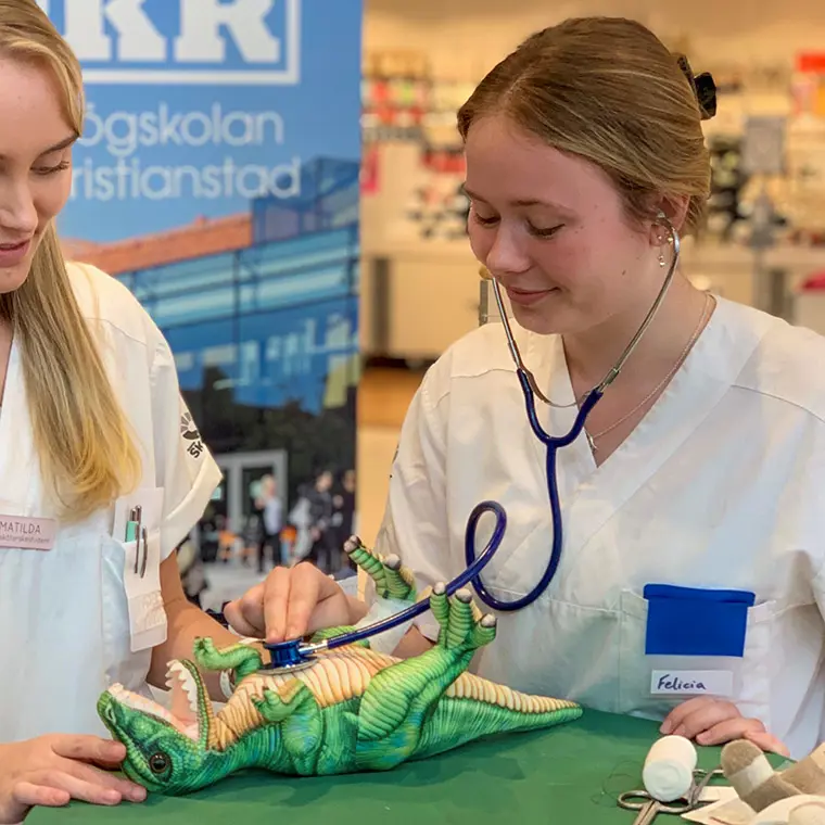 Felicia ikl&auml;dd vita kl&auml;der och stetoskop unders&ouml;ker en leksaksdinosaurie. 