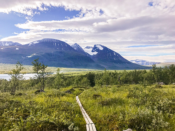 Vandringsleden från Akkastugorna mot Akkamassivet där Hambergs glaciär väntar två mil bort. Foto: Jenny Carlsson