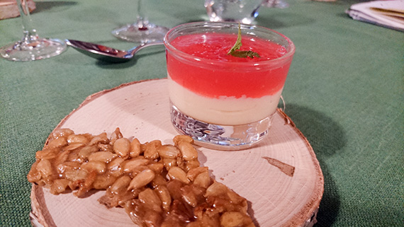 Pannacotta av palsternacka med syrlig rabarbersås och en knäckig solroskrokant.