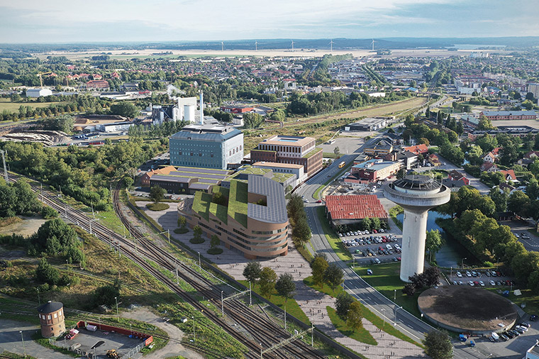 Bildmontage över Kristianstads kommuns förslag för högskolans placering på Lokstallstomten. Illustration: Arkitekterna Krook & Tjäder Uulas