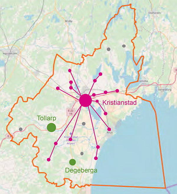 Rosa = tätorter kopplade till Kristianstads centrala reningsverk (analyserade i MORPHEUS) Grön = Tollarp och Degeberga reningsverk (analyserade i MORPHEUS) Grå = fristående reningsverk ej analyserade i MORPHEUS