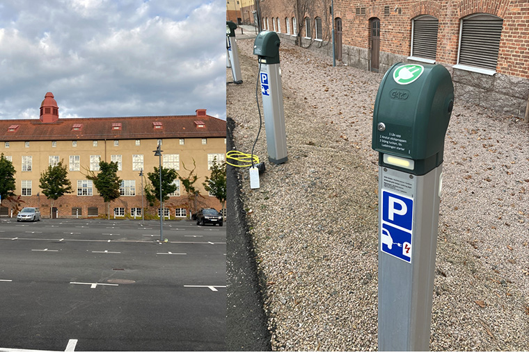 Parkeringsplatser och laddstolpe.