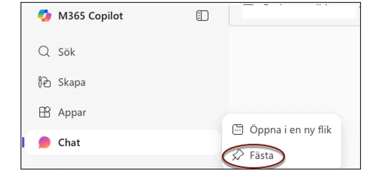 Skärmbild Högerklicka på Chat och välj Fästa.