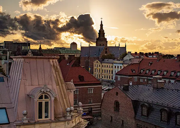 Kristianstad stad i solnedgång.