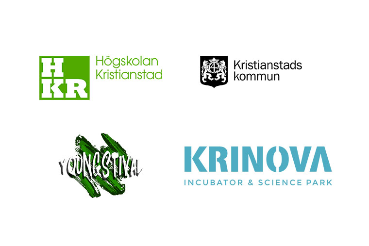 Logotyper för Högskolan Kristianstad, Kristianstad kommun, Youngstival och Krinova.