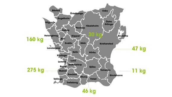 Visualisering av den utsläppta mängden läkemedel av 21 läkemedel enligt Läkemedelsverkets lista i olika delar av Skåne.