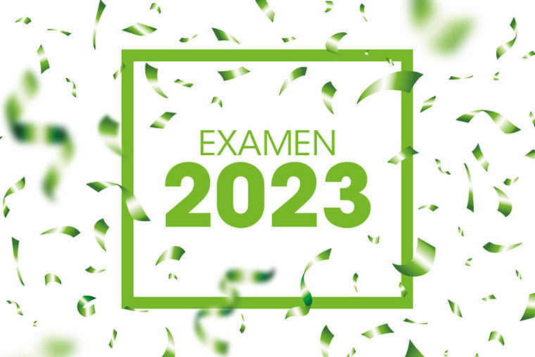 Texten Examen 2023 med grön konfetti.