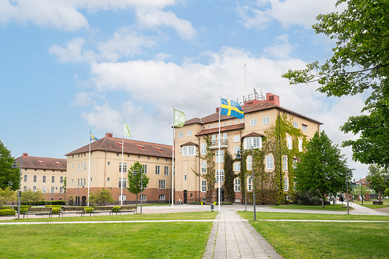 Högskolan Kristianstads campus, byggnader och flaggor.
