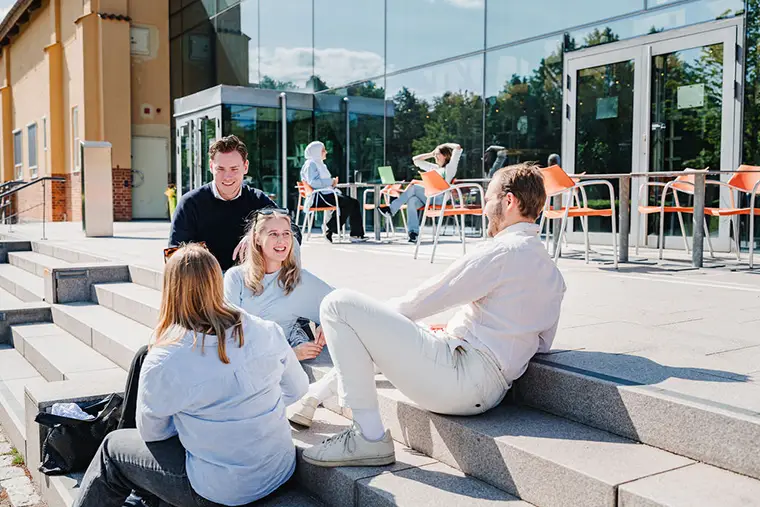 En grupp studenter sitter utomhus på en trappa.